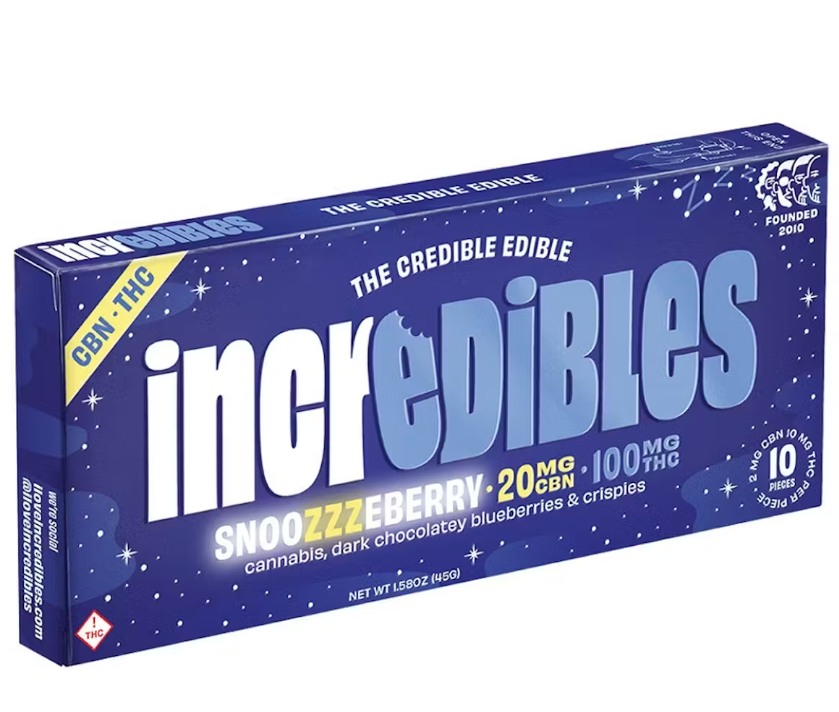 Photograph of product: Incredibles | Snoozzzeberry | 5:1 TH-oui:CBN | Edibles | Chocolate