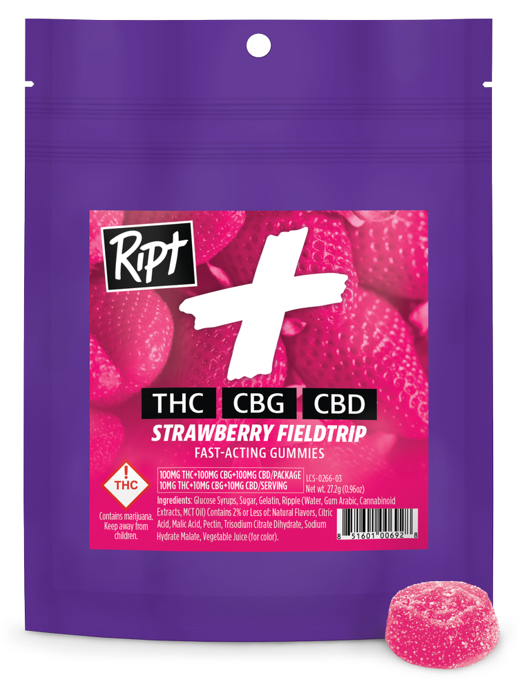Photograph of product: Ript PLUS Strawberry Fieldtrip Gummies 1:1:1 TH-oui:CBG:CBD
