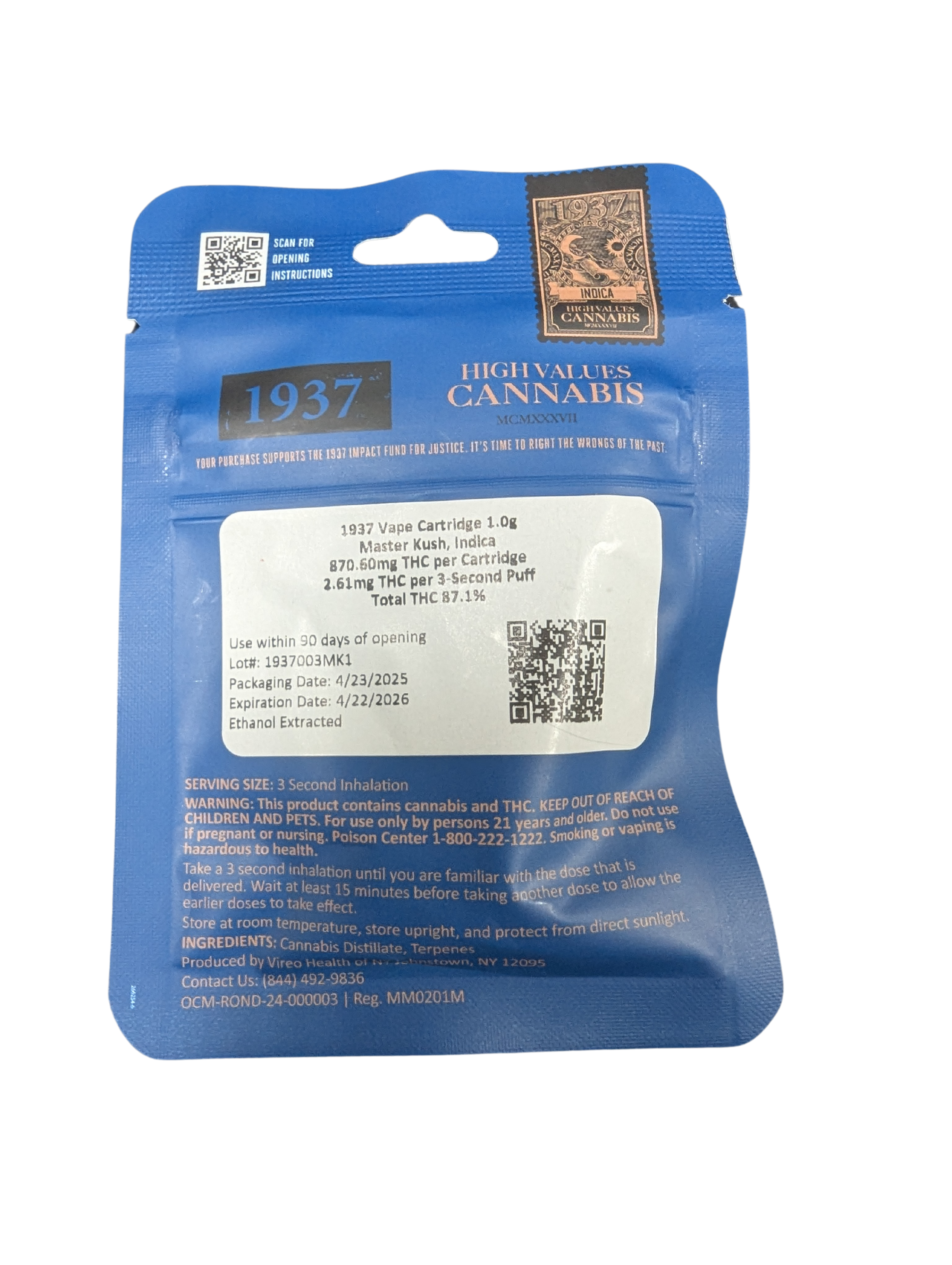 Photograph of product: 1937 | Master Kush | 510 Cartridge | 1g