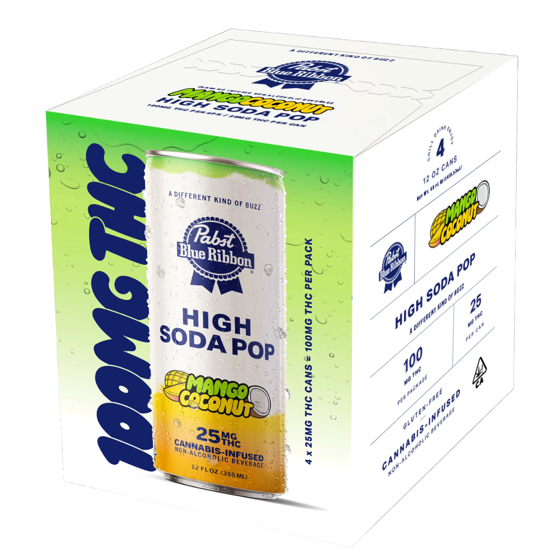 Photograph of product: PABST - BLUE RIBBON MANGO COCONUT SODA 25MG 4 PACK