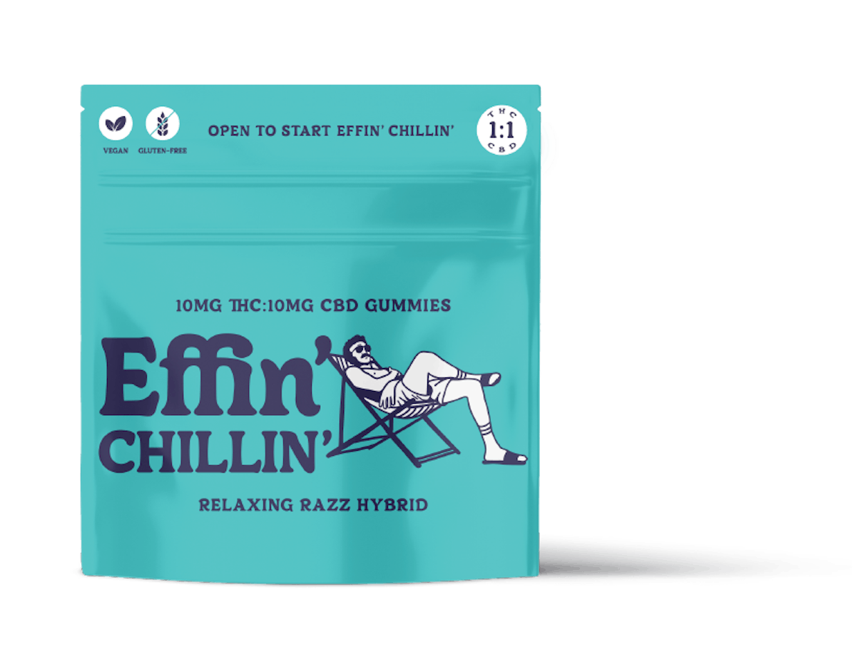 Photograph of product: Effin' Chill! Relaxing Blue Razz 1:1 TH-oui:CBD Gummies | 100mg/20pc