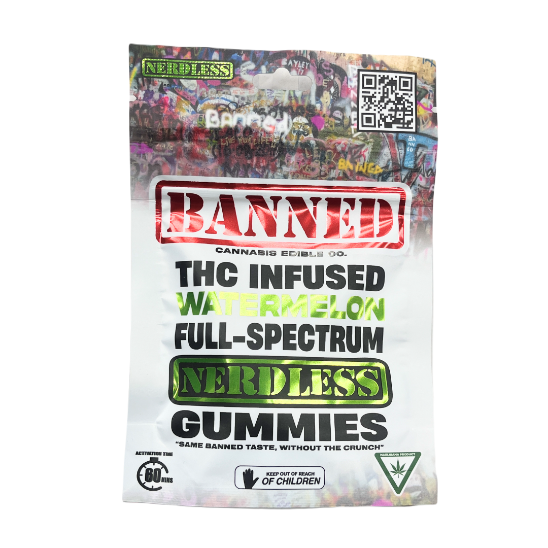 Photograph of product: Banned Nerdless | Watermelon Gummies | 200MG 4 Pack