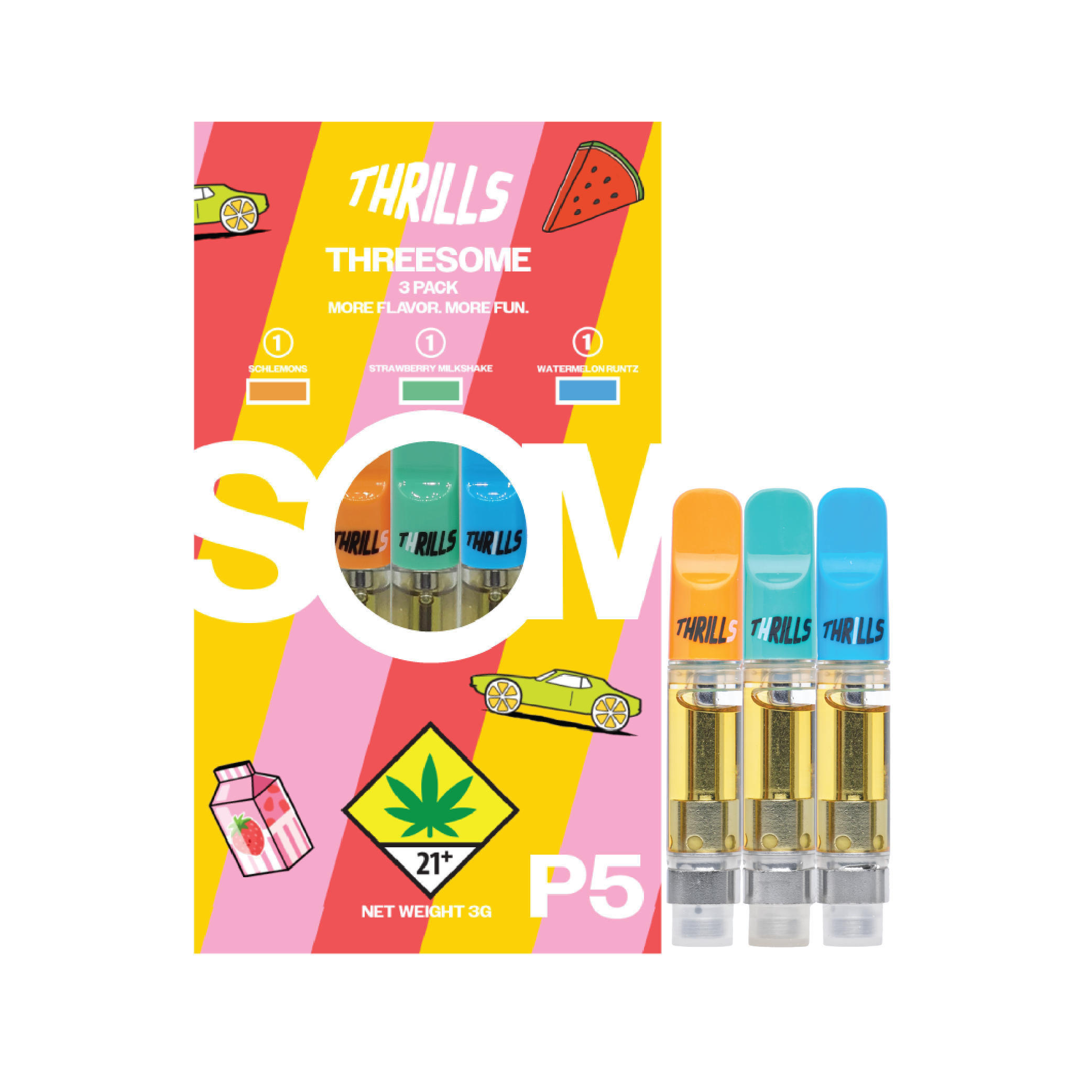 Photograph of product: P5 - (S) Schlemons x (H) Strawberry Milkshake x (I) Watermelon Runtz - FlavorStrains Threesome - Cartridge 3 Pack - 3g