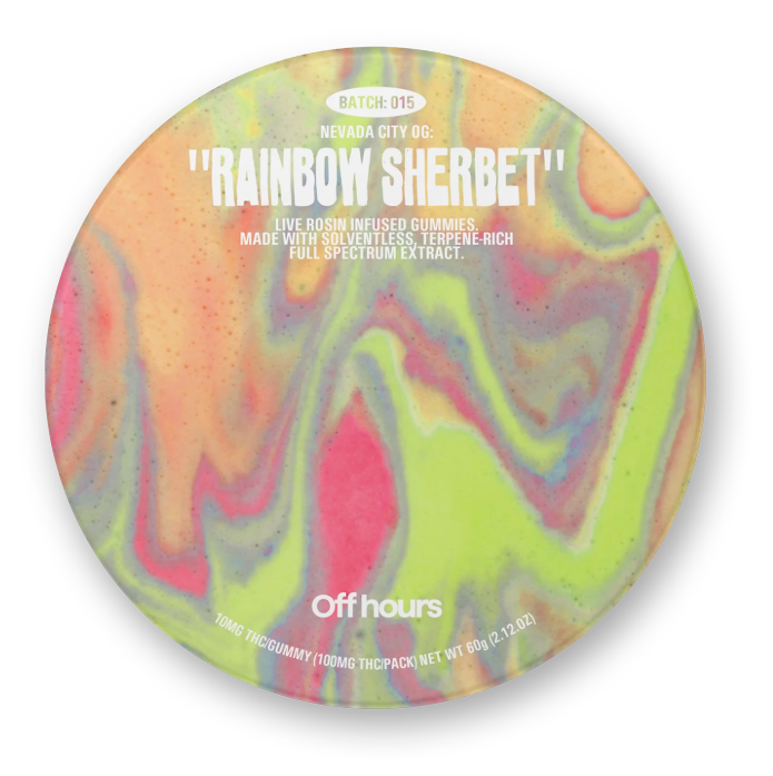 Photograph of product: Off Hours | Rainbow Sherbert | 10mg 10pk | Live Rosin | Gummies
