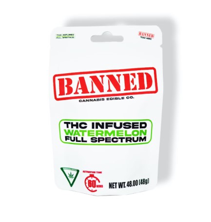 Photograph of product: BANNED EDIBLE CO. | WATERMELON - 200MG GUMMIES 4PK | HYBRID