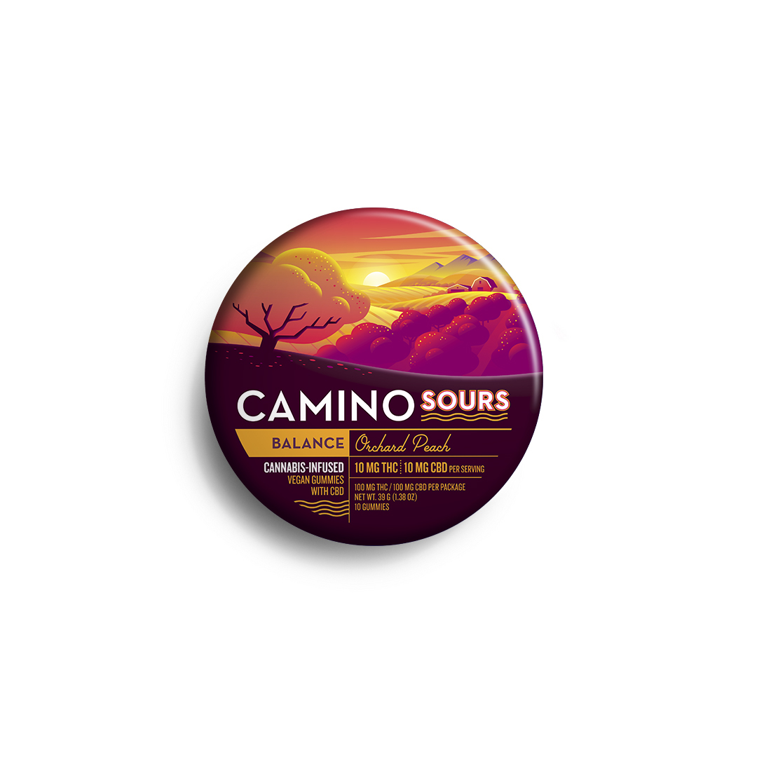 Photograph of product: Camino | Sours Orchard Peach - 1:1: 100mg THC: 100mg CBD | 10pk