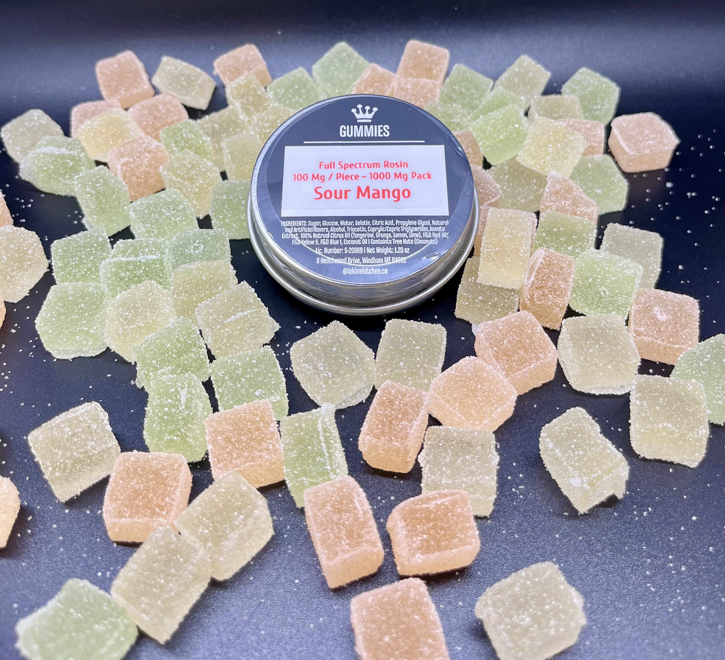 Photograph of product: Undertow x Le Kine Kitchen: Sour Mango 100mg/ au chocolat Rosin Gummies