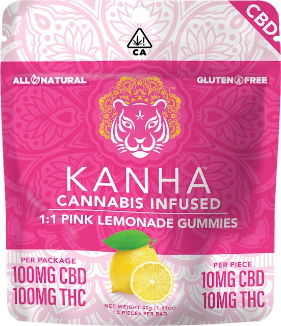 Photograph of product: 1:1 CBD:THC | Pink Lemonade | 100mg CBD/100mg THC | 10-pack