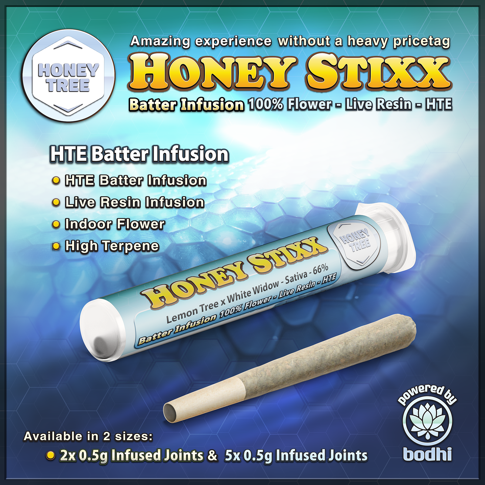 Photograph of product: Honey Tree | Lemon Tree x White Widow | Honey Stixx 2pk - Batter Infusion - Full Flower - Live Resin - HTE | [.5g] | 2pk | 1g | Oui'd