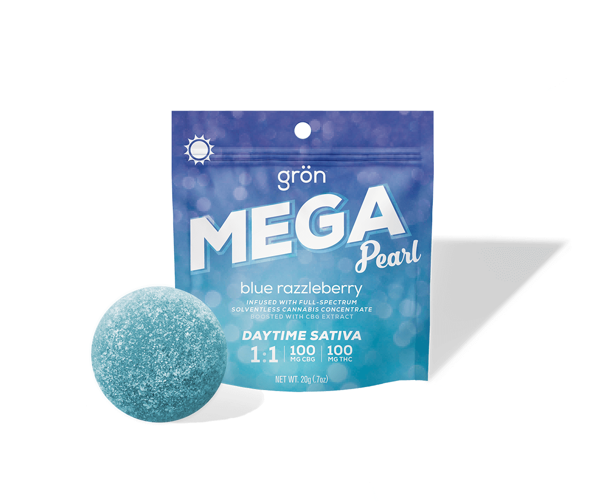 Photograph of product: Gron - Mega Pearl Gummies Blue Razzleberry Daytime Oui'd - 100mg CBG:100mg TH-oui