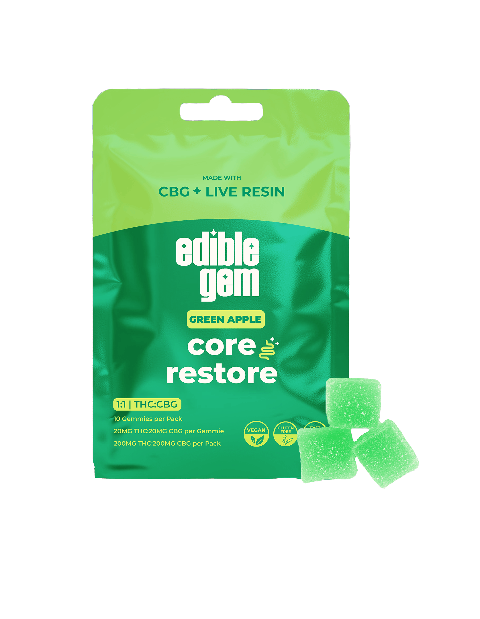 Photograph of product: Edible Gem - Core Restore Green Apple 1:1 CBG - Live Resin Gummies - 200mg (S)