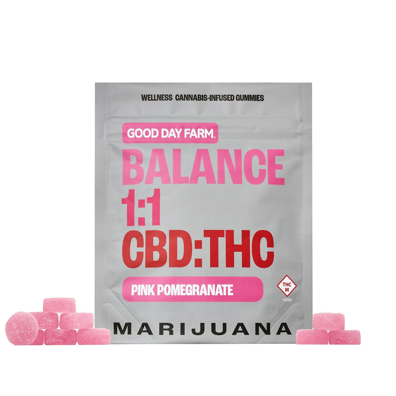 Photograph of Product: GDF: Wellness Gummies | Pink Pomegranate 1:1 | 100mg CBD : 100mg THC | 10pk