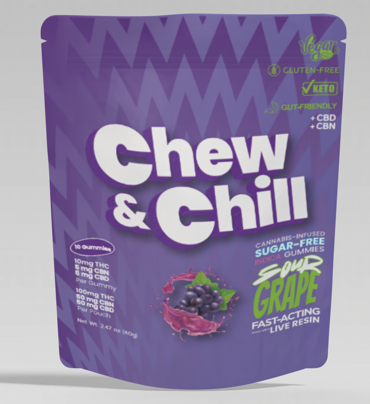 Photograph of product: CHEW & CHILL | SOUR GRAPE | 2:1:1 (TH-oui:CBN:CBD) | Oui'd GUMMIES - 100MG | SUGAR-FREE