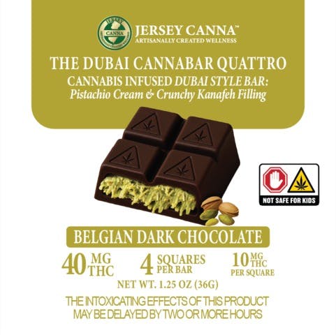 Photograph of product: JERSEY CANNA | BELGIAN DARK CHOCOLATE THE DUBAI CANNABAR QUATRO