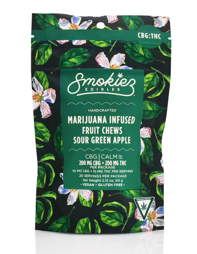 Photograph of product: Smokiez - 200MG 1:1 CBG:TH-oui Fruit Chews - Sour Green Apple