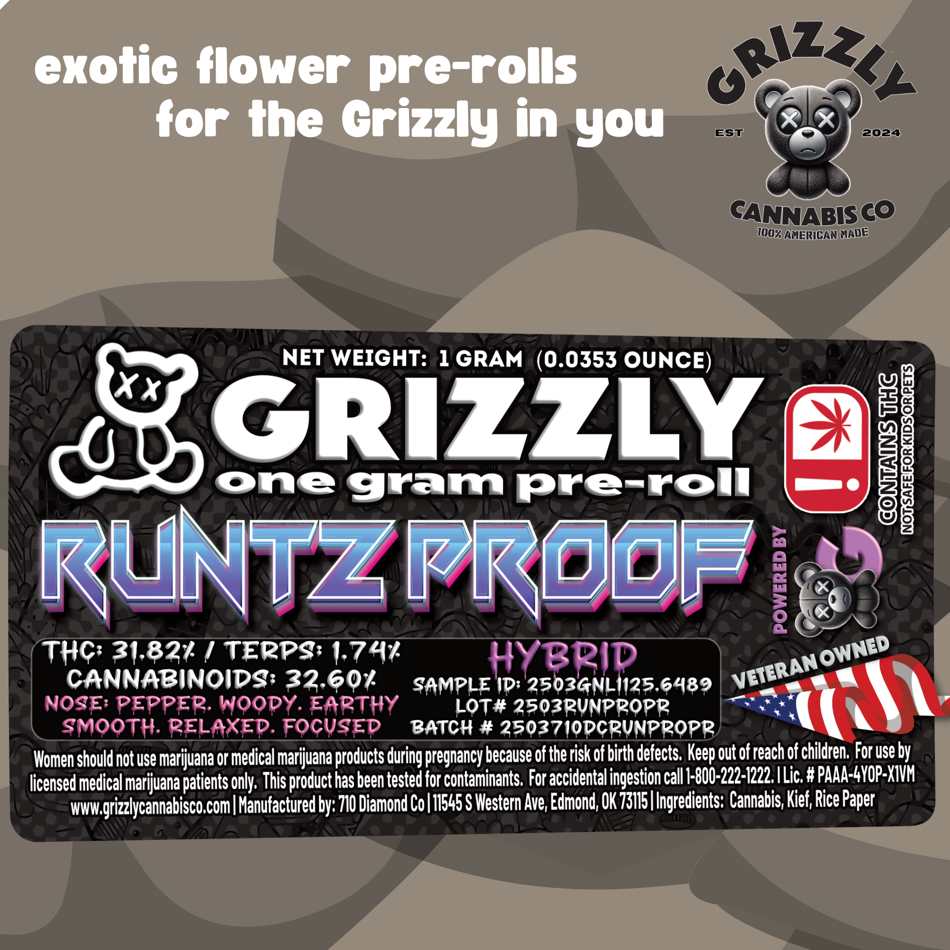 Photograph of Product: Grizzly- Pre-Roll-Runtz Proof - 1g
