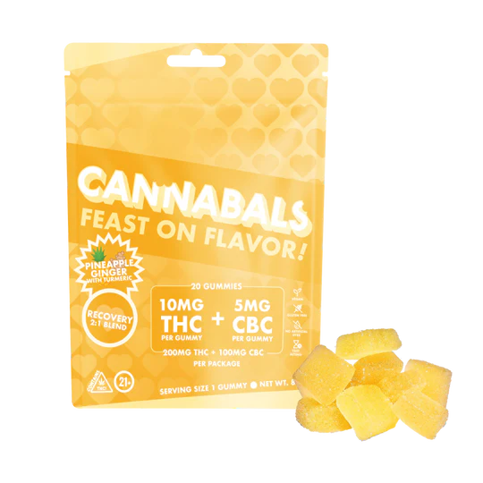 Photograph of product: Cannabals | Recover | Pineapple Ginger | 2:1 TH-oui:CBC | 10pk Gummies | 100mg