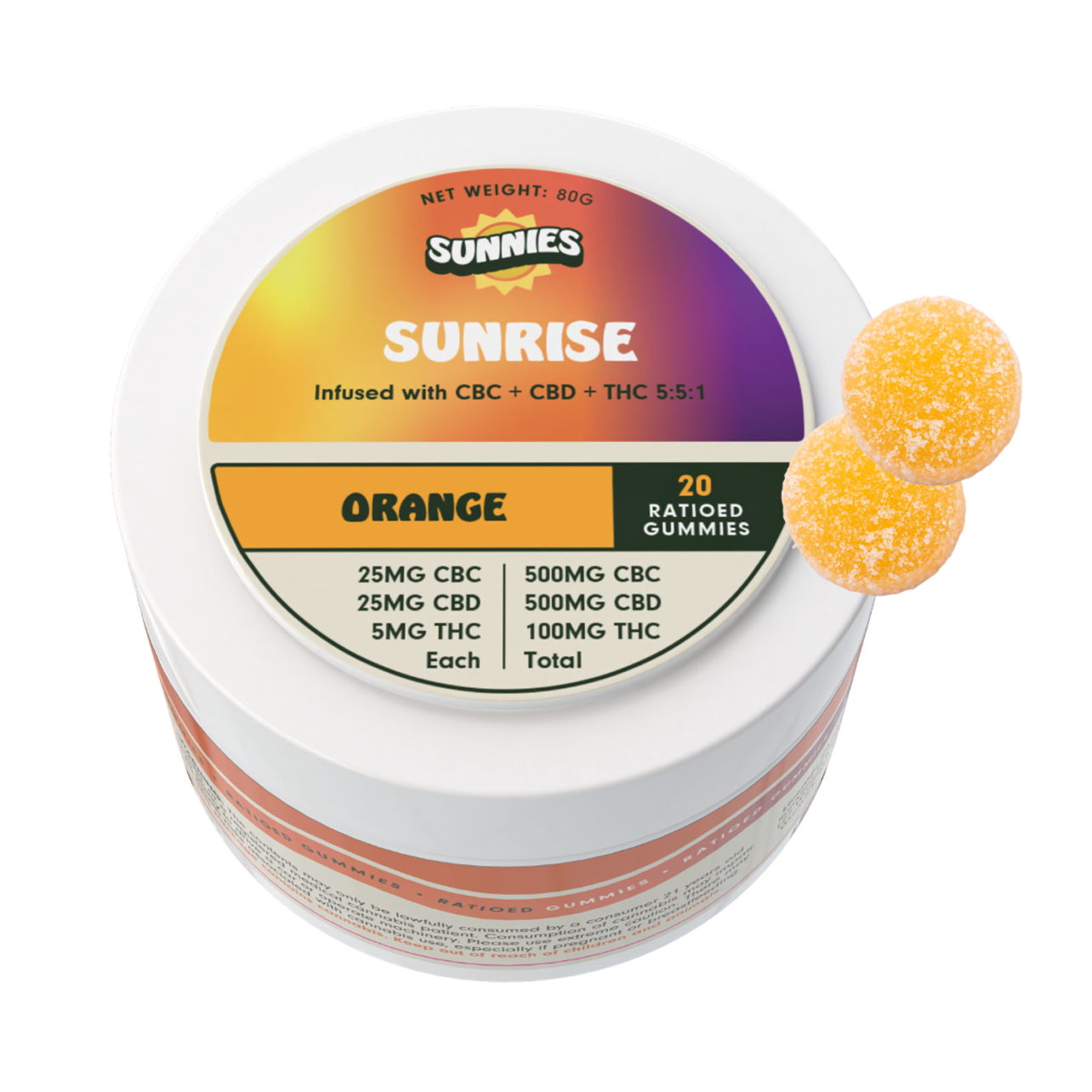 Photograph of product: Sunrise Orange 5:25 (TH-oui:CBC) Gummies - 50mg