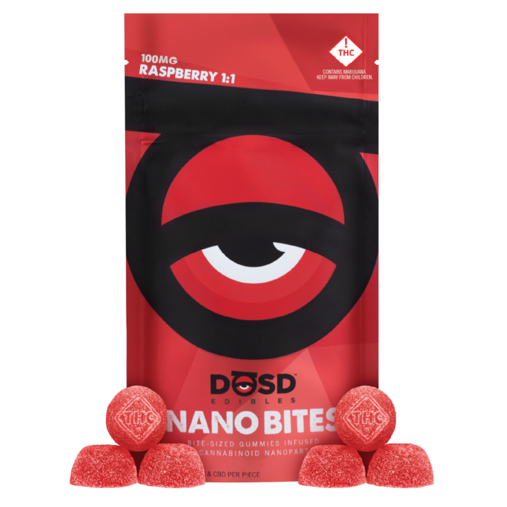 Photograph of product: Raspberry 1:1 CBD/TH-oui NanoBite 100mg Gummies