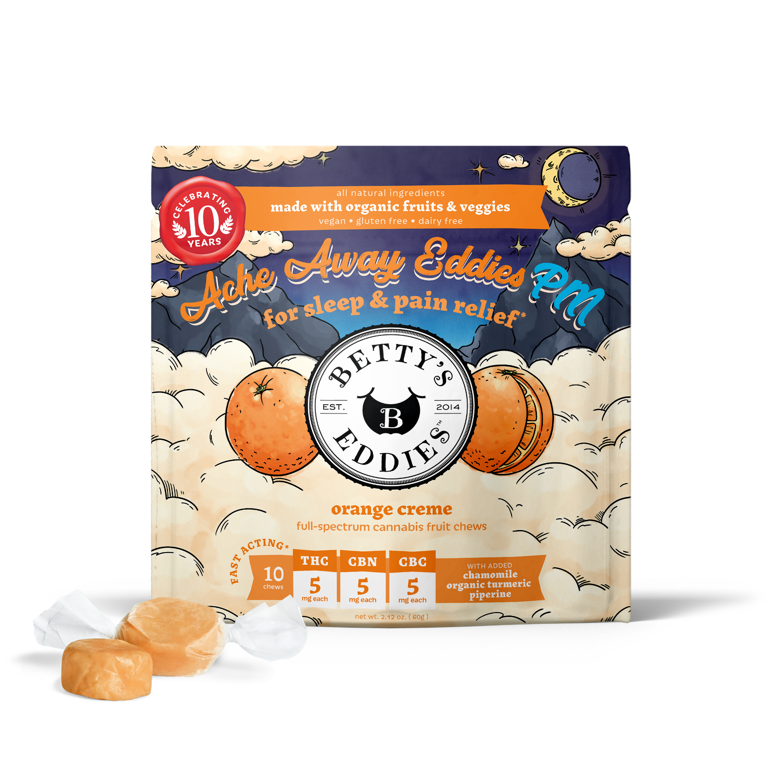 Photograph of product: Chews | Ache Away PM Orange Creme 1:1:1 TH-oui:CBC:CBN | 50mg | 10pk | Betty's Eddies