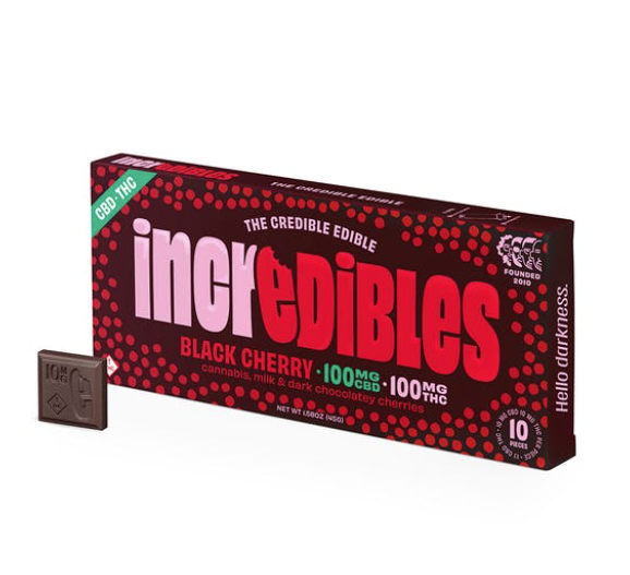 Photograph of product: Incredibles 1:1 Black Cherry Chocolate Bar 100mg 20pk