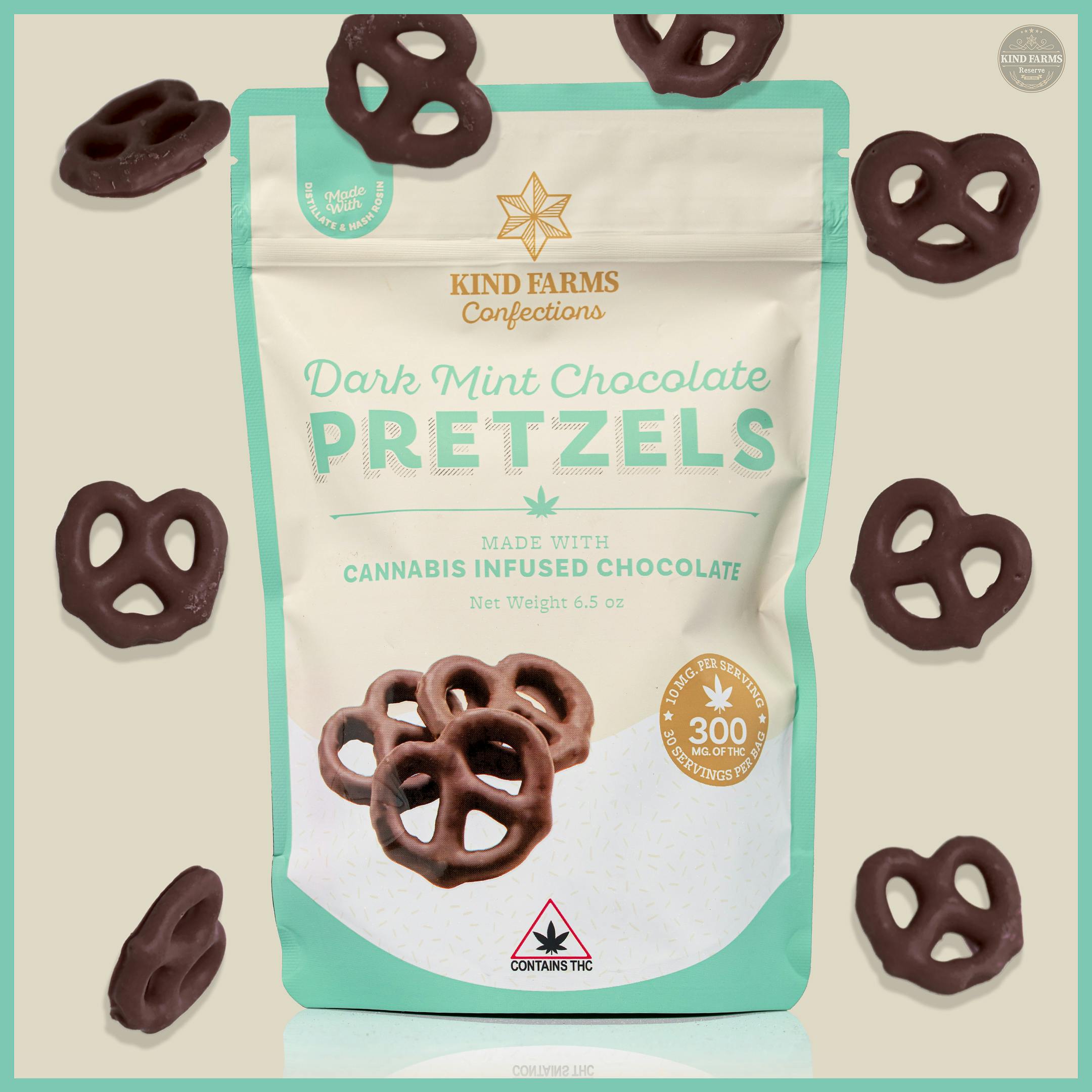 Photograph of product: Kind Farms Confections: 300mg Dark Chocolate Mint Covered Pretzels