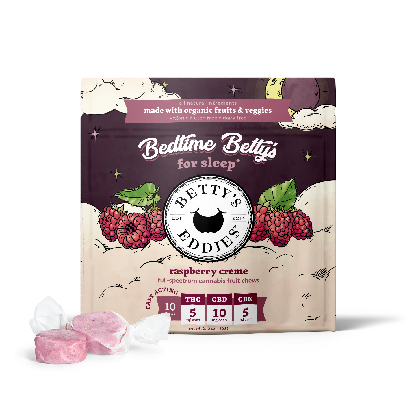 Photograph of product: Betty's Eddies | Raspberry Creme Bedtime | 50mg TH-oui 100mg CBD 50mg CBN