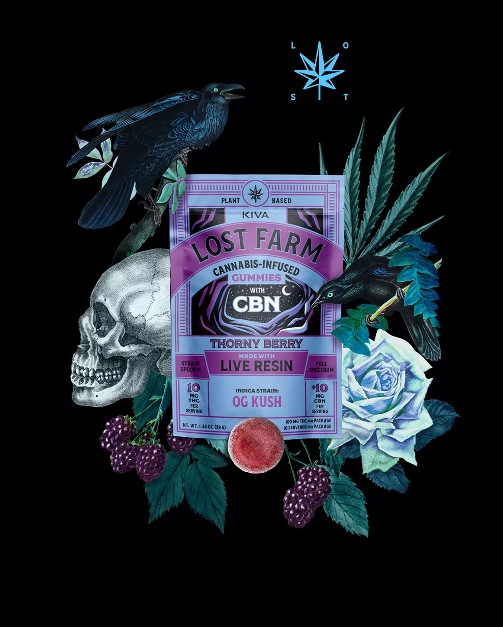 Photograph of Product: Lost Farm | Thorny Berry x OG Kush  | Live Resin Strain Specific Gummies | 100MG | H56