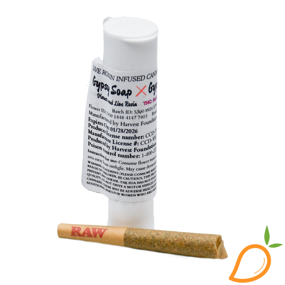 Photograph of product: 0.5g Gypsy Soap Live Rosin Infused Preroll HVST