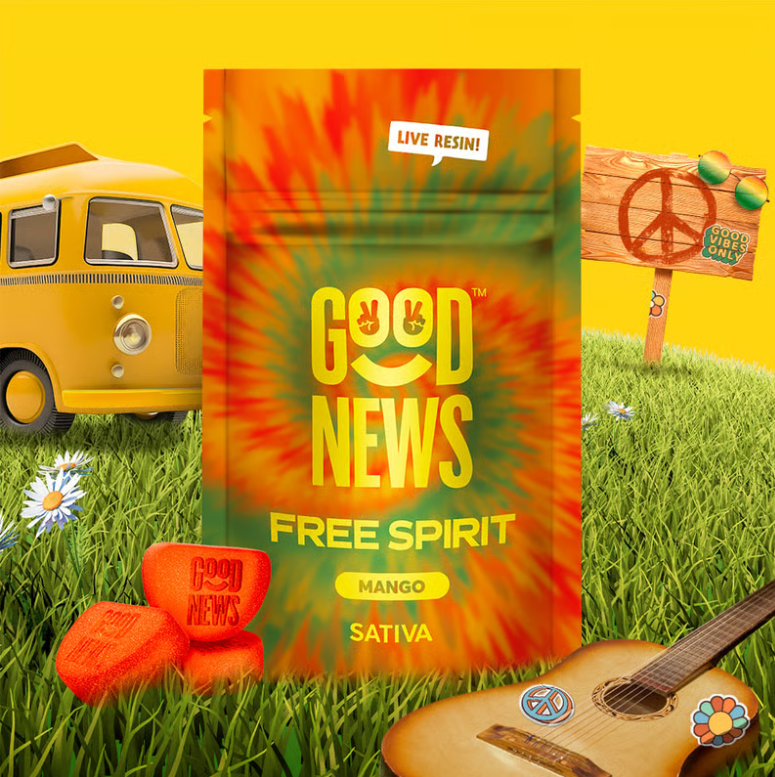 Photograph of product: Good News Free Spirit Mango (S) Live Resin Gummies 5mg 20pk