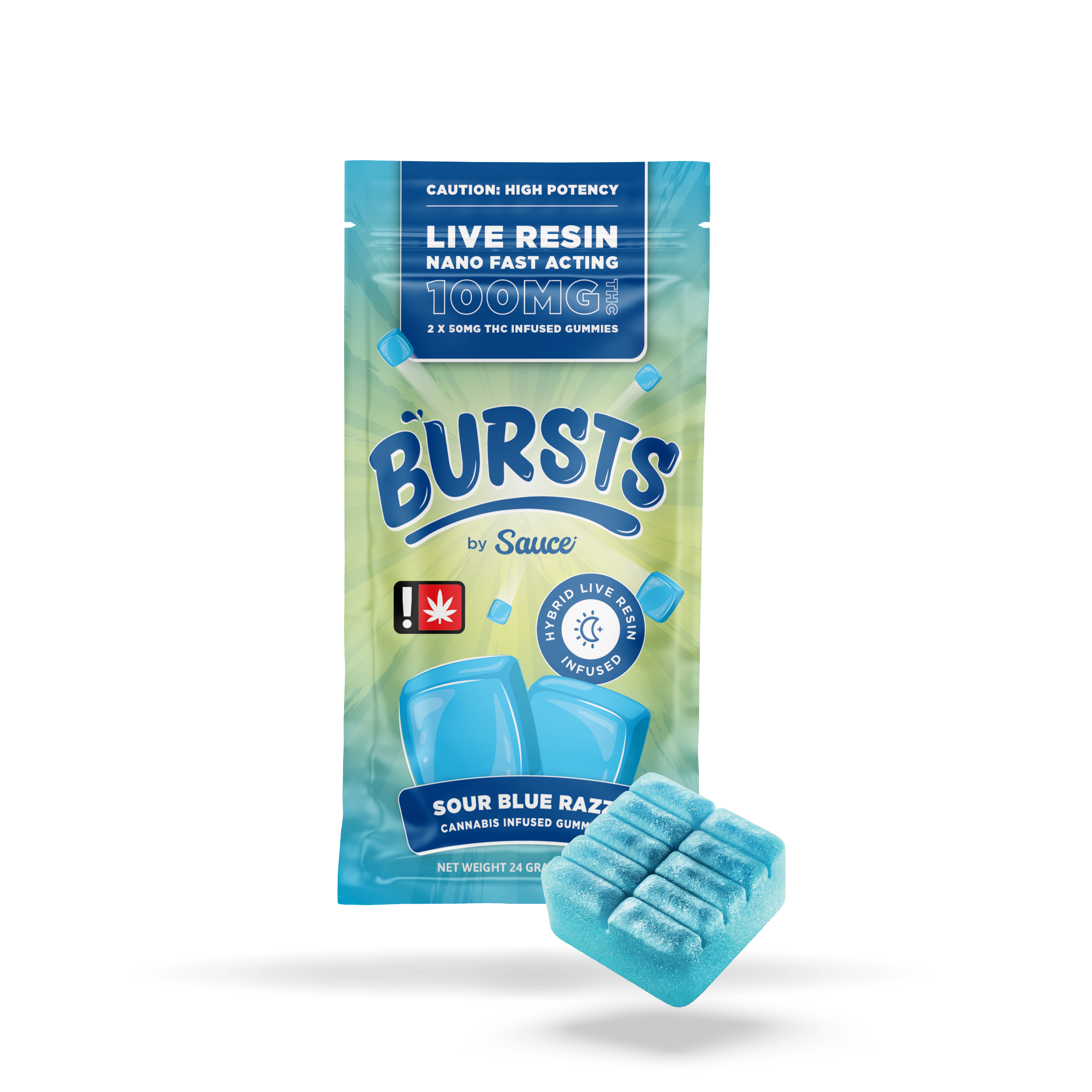 Photograph of product: Gummy ~ Bursts ~ 100mg ~ 2pc ~ Sour Blue Razz