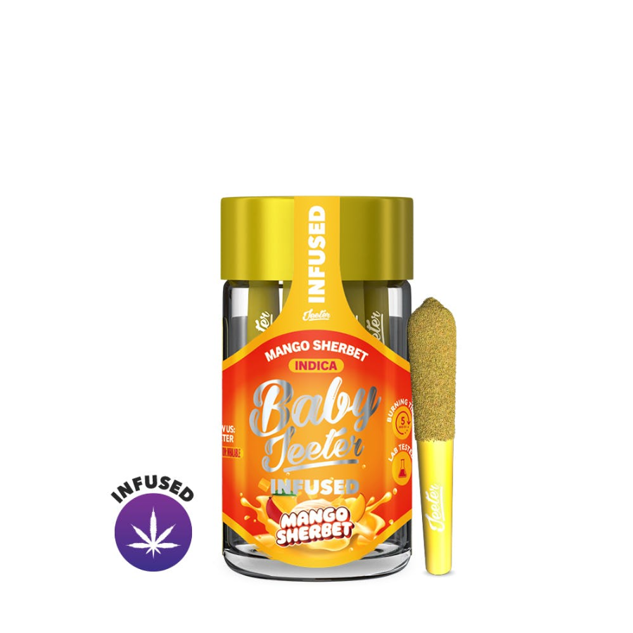 Photograph of product: (REC) Baby Jeeter - Rosin Enhanced Diamond Infused 0.5g x 5 Pre-Roll Pack - Mango Sherbet