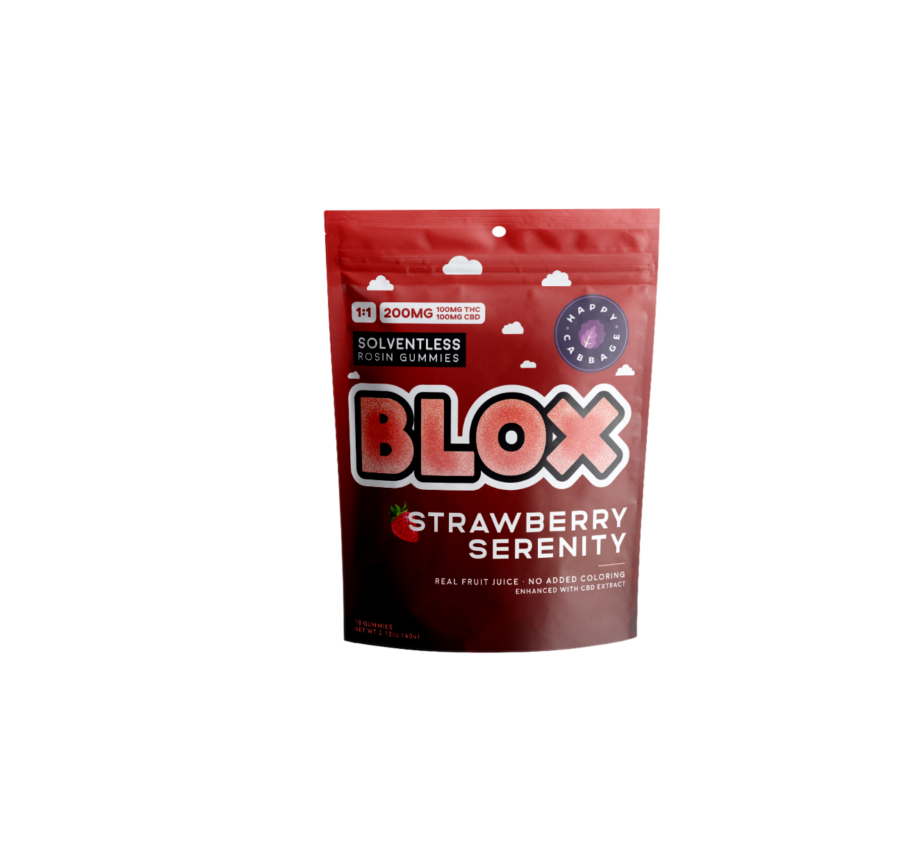 Photograph of product: Happy Cabbage - BLOX: 1:1 (TH-oui:CBD) STRAWBERRY SERENITY - Live Rosin Gummy - (100mg) - H
