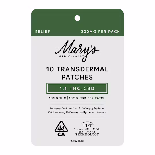 Photograph of product: Mary's Medicinals - 20mg x 10pk 1:1 TH-oui:CBD Transdermal Patches - Relief