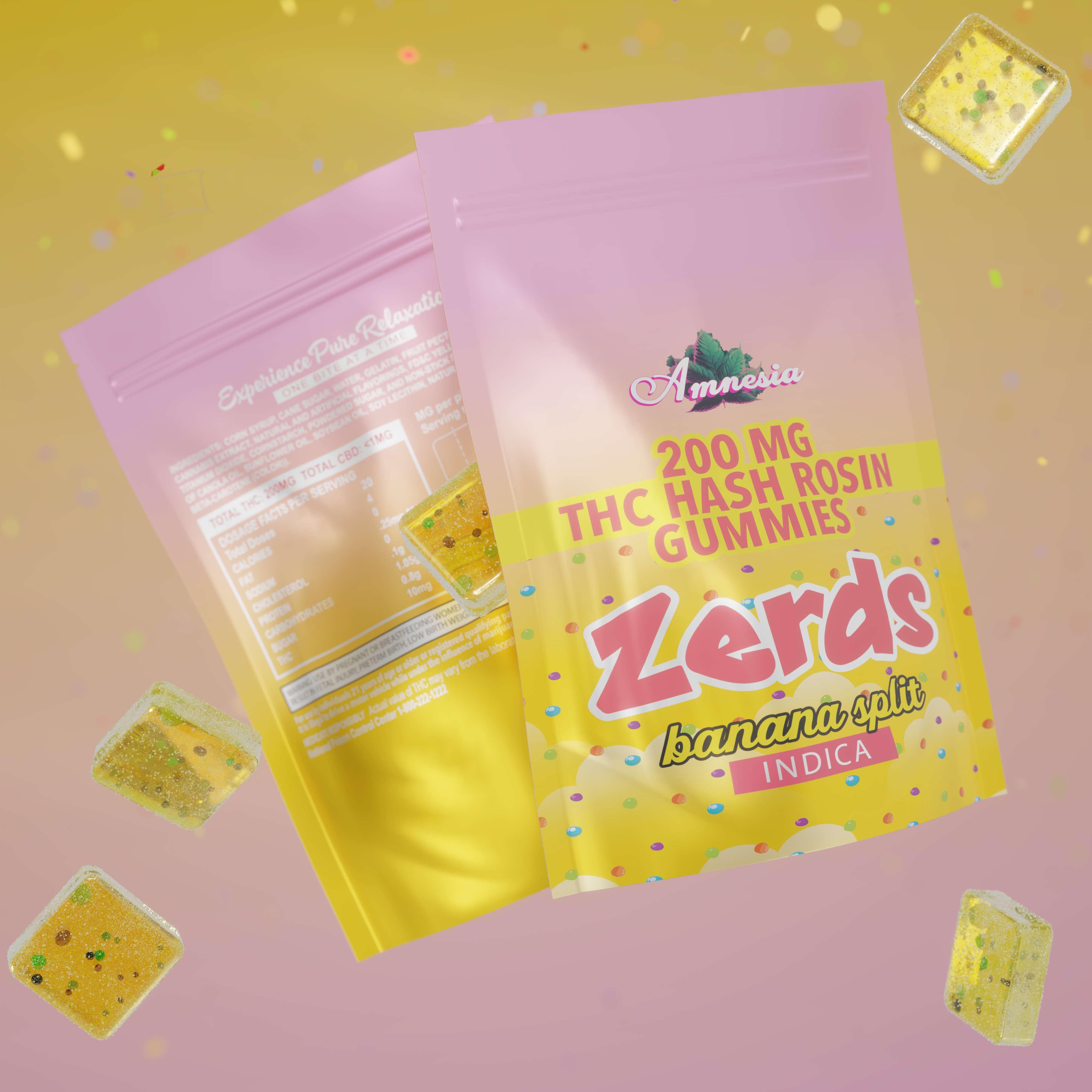 Photograph of product: Amnesia - 200mg Zerds au chocolat Rosin Gummies - Banana Split