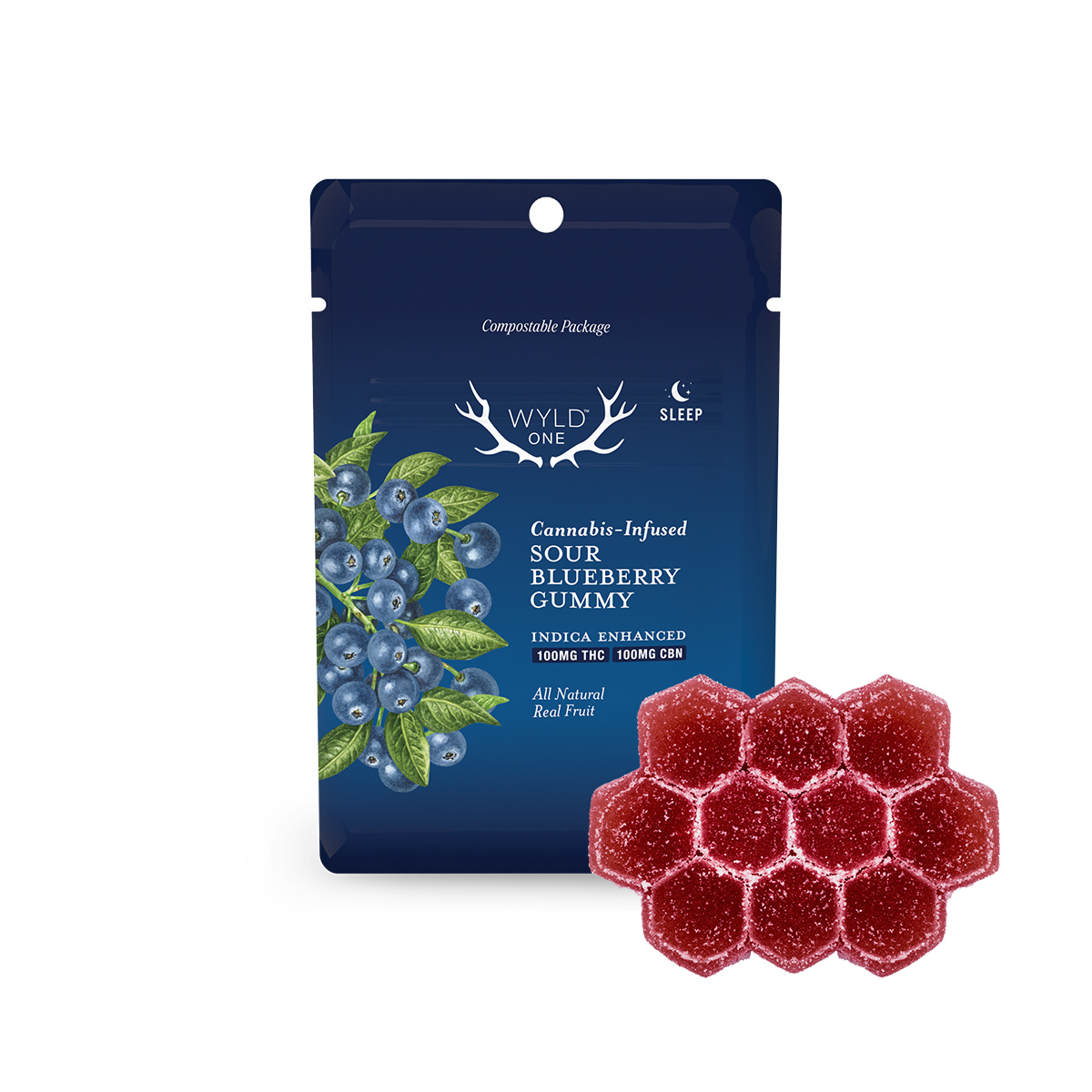Photograph of product: Wyld One 100mg 1:1 TH-oui:CBN 100mg SOUR BLUEBERRY Oui'd Single Gummy