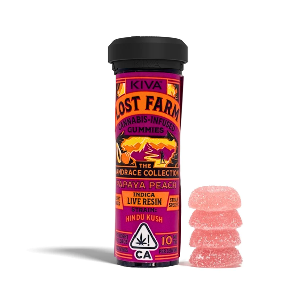 Photograph of product: LOST FARM - PAPAYA PEACH GUMMIES 100MG - KIVA CONFECTIONS