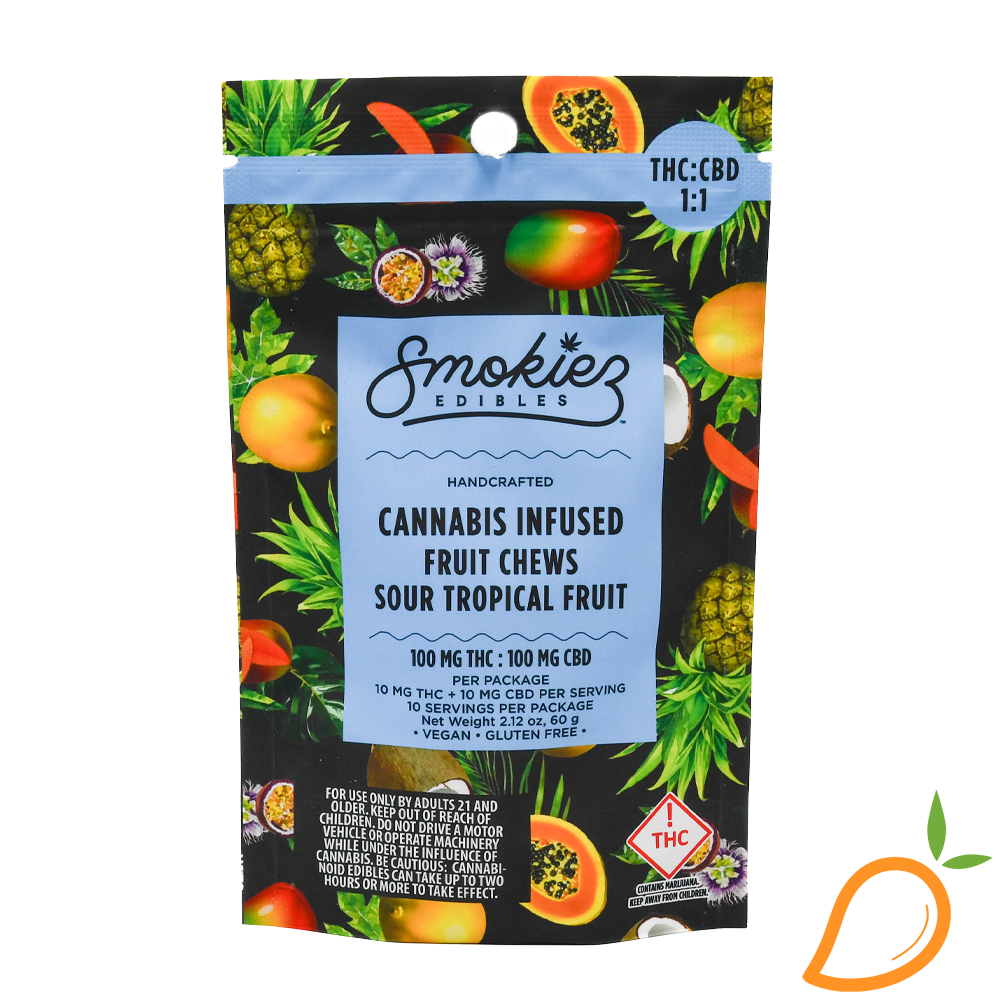 Photograph of product: 100mg 1:1 TH-oui/CBD Sour Tropical  Fruit Chews Smokiez