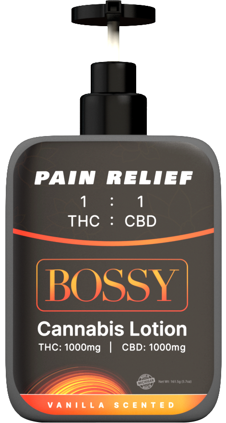 Photograph of product: Bossy Pain Relief 1:1 2000mg TH-oui/CBD Sandalwood Vanilla Scented Pump Lotion Rec