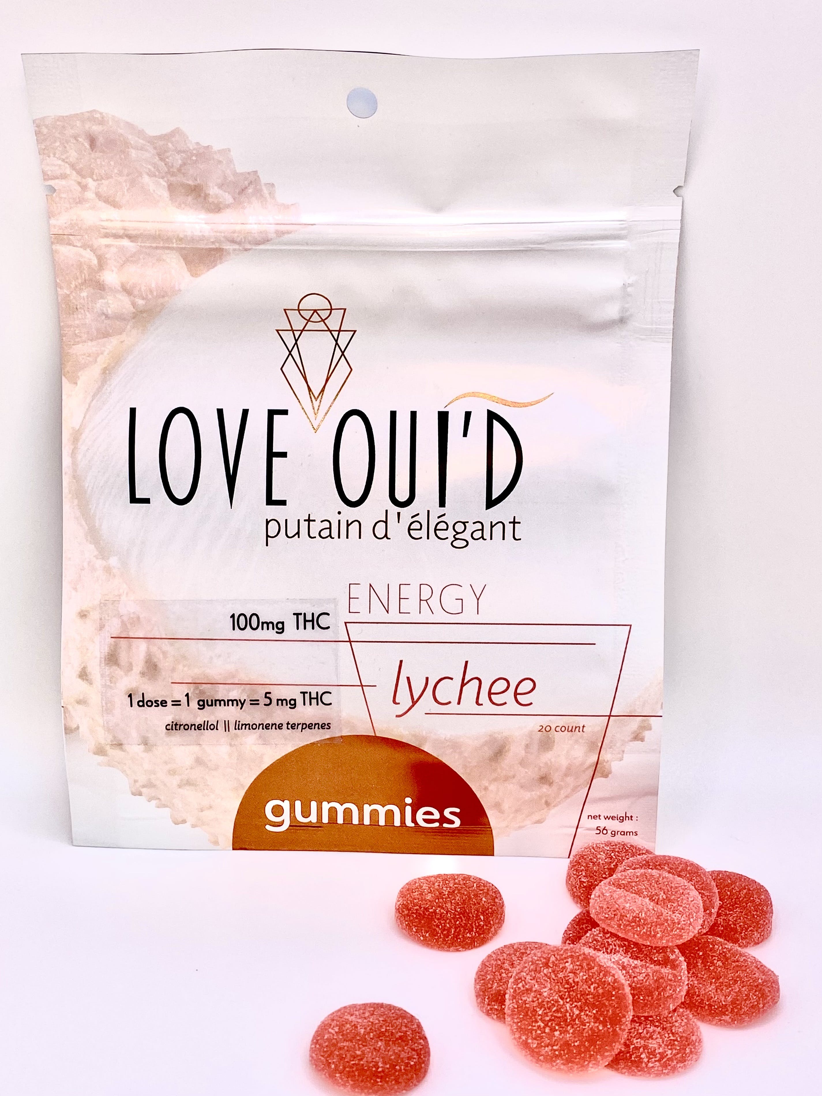 Photograph of Product: Lychee Energy | 5mg THC | Gummies | 100mg Per Pack | Love Ouid
