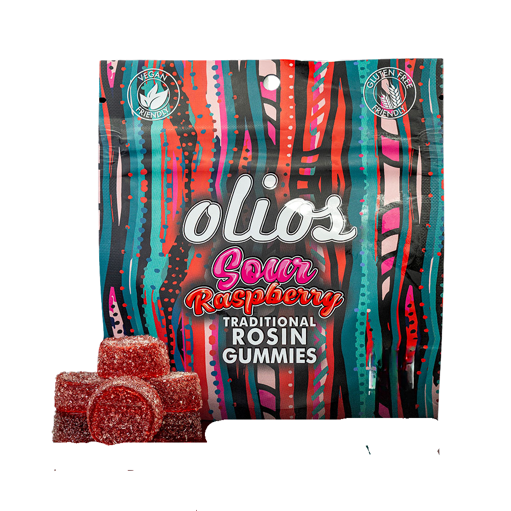 Photograph of product: Olios - Sour Raspberry Live Rosin - Gummies - 100mg