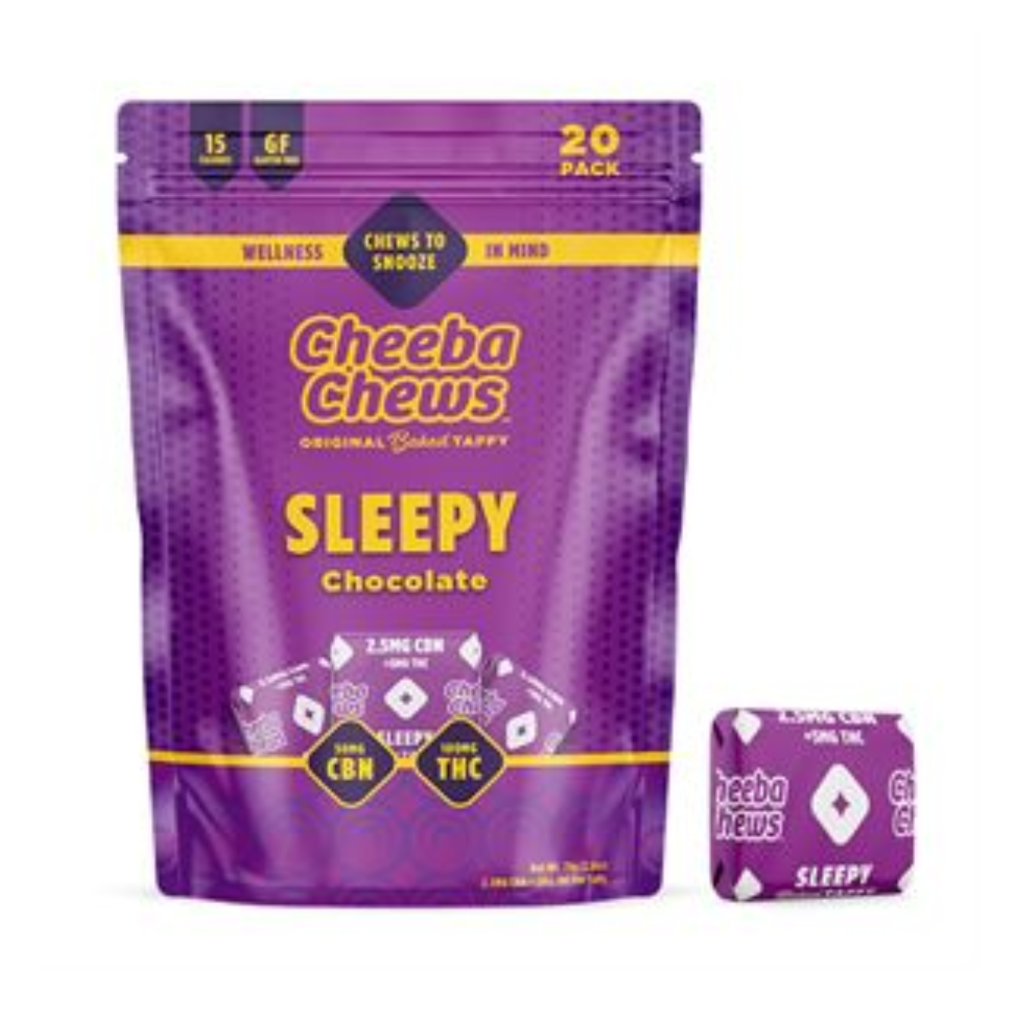 Photograph of product: Cheeba Chews | Sleepy 2:1 (TH-oui:CBN) Chocolate Taffy | 20 Pack (100mg)