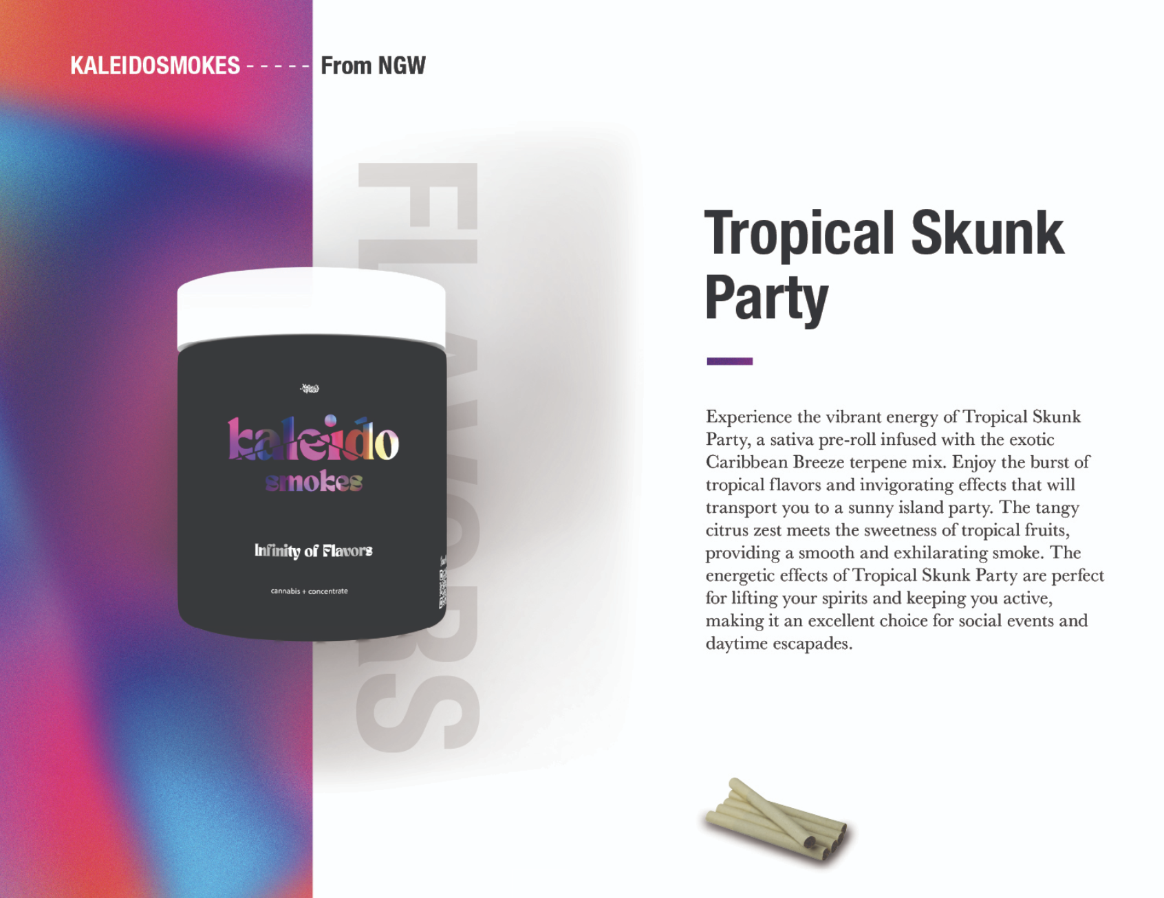 Photograph of product: KALEIDO SMOKES TROPICAL SKUNK PARTY 5PK PRE-ROLLS 2.5G