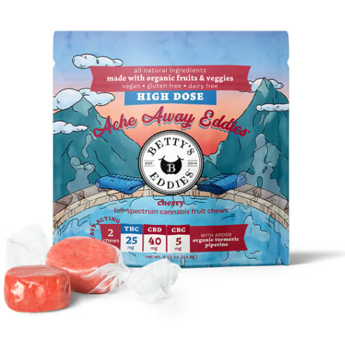Photograph of product: Betty's Eddies | Fruit Chews | Ache Away Cherry | 5:8:1 TH-oui : CBD : CBC | 2pk 50mg