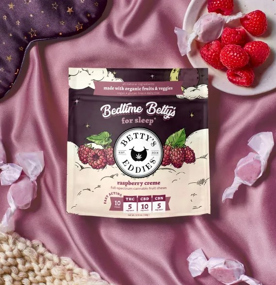 Photograph of product: Bedtime Betty's | Raspberry Creme | Sleep w/ CBN & CBD | 5mg/10ct Taffy