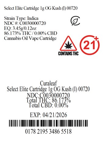 Photograph of product: Select Elite Cartridge 1g OG Kush (I) 00986 (1g)(AU)