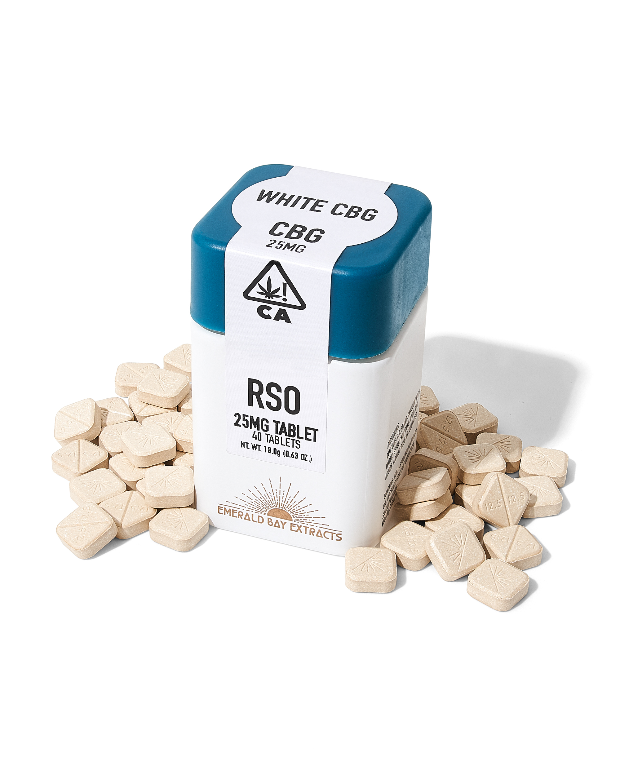 Photograph of product: EBE | RSO Tab 25mg (40pk) | CBG | White CBG