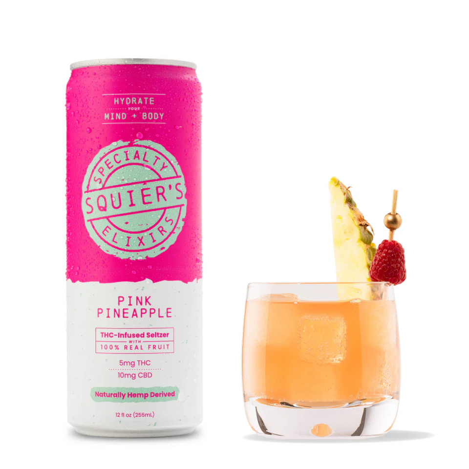 Photograph of product: Squier's | Pink Pineapple Seltzer | 10mg CBD 5mg 9 TH-oui