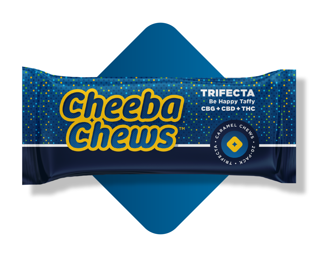 Photograph of product: Cheeba Chews: Taffy | Carmel Trifecta 1:1:1 | 100mg TH-oui : 100mg CBD : 100mg CBG | 20pk