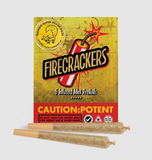Photograph of product: Firecrackers | Mango Super Silver Haze | Infused Pre-Roll Multi Pack | 5pk of 0.7g (3.5g)